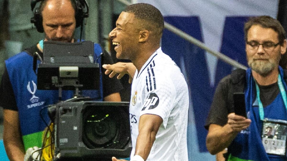 Kylian Mbappe celebrates for Real Madrid after scoring in the Super Cup